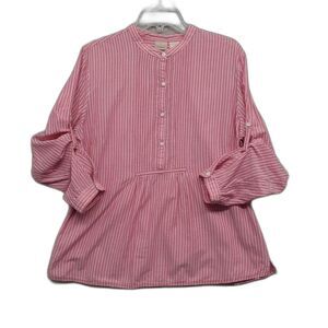 LL Bean Womens Babydoll Tunic Pink White Stripe Cotton Band Collar Roll Tab Sz L